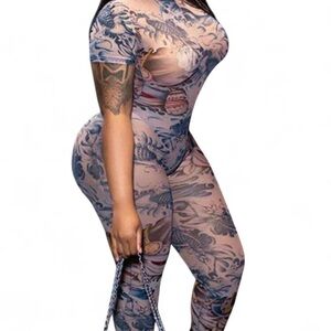 Tattoo-Print Pink Bodycon Jumpsuit